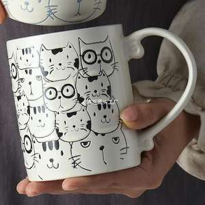 Taza de cerámica Underglaze pintada a mano de dibujos animados lindo gato taza de café desayuno taza de avena pareja microondas Regalo Seguro - Product Image 4