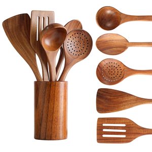 Juego de espátula y cuchara de madera ecológicas con soporte, vajilla ecológica - Product Image 1