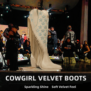 Bottes de cowboy pour femme de haute qualité, nouvelle collection Hiver 2026, à talon haut, dessus en velours, strass, pour mollets larges, à enfiler - Product Image 2