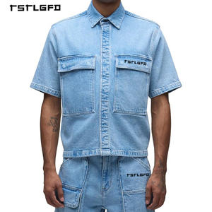 Wholesale Spring Light Wash Printed Denim Short <b>Set</b> Cargo Pockets for Men Relaxed Fit Short Sleeve Button Streetwear Tracksuit - Product Image 4