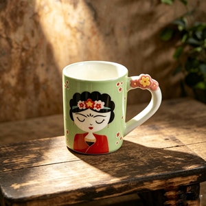 Taza <span class=keywords><strong>de</strong></span> café <span class=keywords><strong>de</strong></span> porcelana con diseño <span class=keywords><strong>de</strong></span> <span class=keywords><strong>Frida</strong></span> <span class=keywords><strong>Kahlo</strong></span> en 3D, con asa floral en relieve y pintada a mano, estilo mexicano, venta al por mayor - Product Image 6