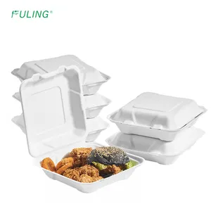 FULING Biodegradable Clamshell Takeout Food Box 8 Inch 9 Inch Hinged Bagasse Pulp To Go Food Container Disposable