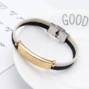 2024 Custom Engrave Gold Stainless Steel Anchor Multilayer 2 Colors Braided Black Pu Leather Woven Bracelet Couple