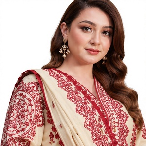 Traje de Tres Piezas Paquistaní para Mujer, Shalwar Kameez, Elegante, Floral, de Chifón, con Bordado a Mano en el Cuello, para Bodas y Fiestas - Product Image 1