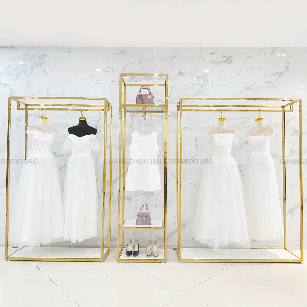 Boutique Bridal Shop Interior Design Long Gown Gold Display Rack Stainless Steel Wedding Dress Hanging Display Stand
