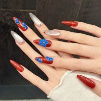 Desain Kuku Almond Merah Elegan Cat Eye 3D Bunga Kuku Tempel ABS Buatan Tangan 10 Pcs Kuku Almond Panjang Motif Bunga untuk Wanita