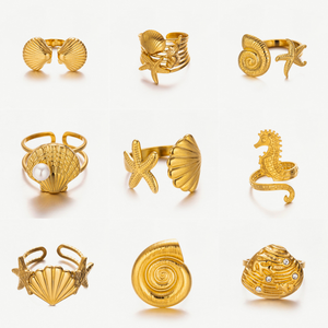 Étanche 18K Plaqué Or Acier Inoxydable Style Océan Étoile De Mer Hippocampe Coquille Ouvert <span class=keywords><strong>Anneau</strong></span> Réglable pour Femmes Bijoux De Mode - Product Image 4