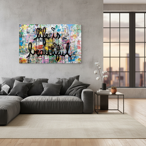 Impression sur toile « La vie est belle », typographie colorée d'art urbain, ART SUR VERRE TÉMPERÉ - Product Image 3