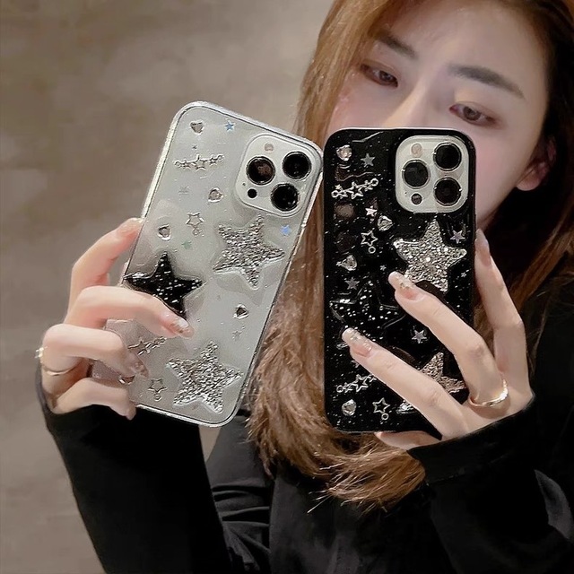 Luxury Silver Foil Epoxy Phone Case Star Rhinestone Design Shockproof Silicone Cover for iPhone 17 Pro Max 16 Pro 14 13 Xr Model