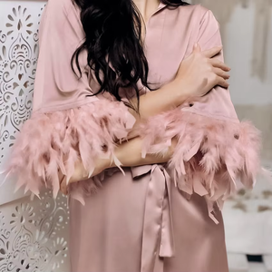 Wholesale Luxury Soft Polyester Satin Women's Fashion V-Neck Long Sleeve Short Length Breathable Quick Dry <strong>Robe</strong> With Frather - Product Image 3