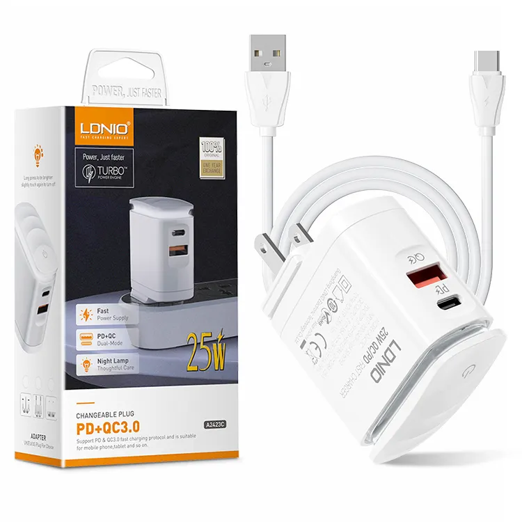 LDNIO A2423C Pengisi Daya Dinding QC3.0, Pengisi Daya Cepat PD USB-C 25W untuk Ponsel dengan Lampu LED