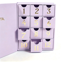 Boîte de calendrier de l'avent personnalisée en lilas, boîte à bijoux avec tiroirs numérotés en feuille d'or, boîte de compte à rebours de Noël, boîte en papier rigide