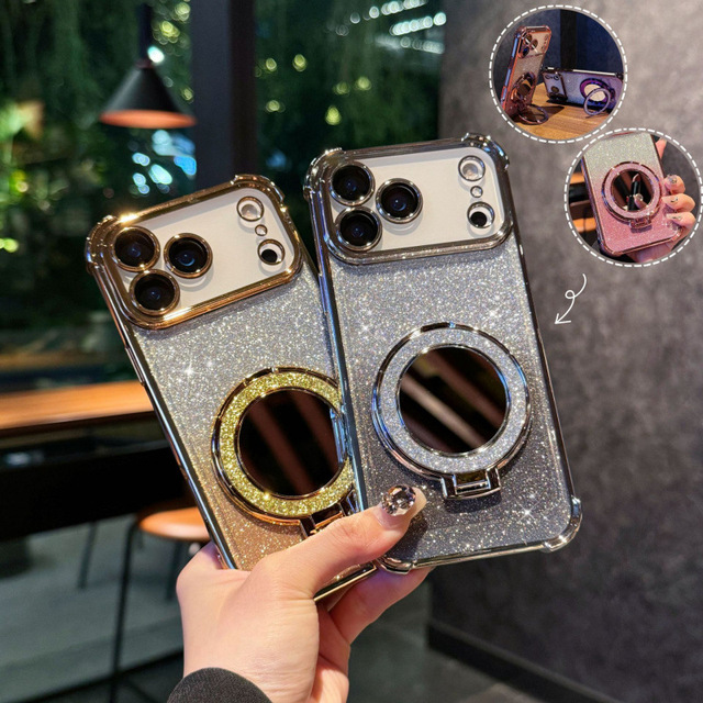 Glitter Makeup Mirror Electroplated TPU Magnetic Back Stand Shockproof Phone case Cover iPhone 17 Pro Max air