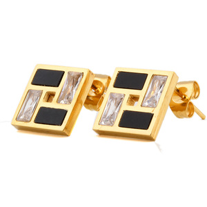 Geometric Square <b>Stud</b> <b>Earrings</b> Gold Tone Zirconia Inlay Bezel Setting Fashion Jewelry - Product Image 4