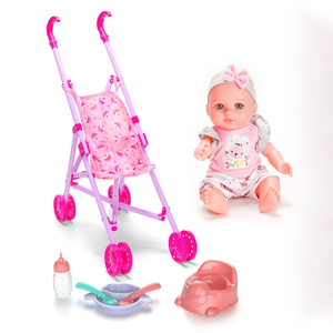 Juego <span class=keywords><strong>de</strong></span> Cochecito <span class=keywords><strong>de</strong></span> Vinilo <span class=keywords><strong>de</strong></span> 12 Pulgadas para Muñecas con Accesorios <span class=keywords><strong>de</strong></span> Alimentación, Juguete <span class=keywords><strong>de</strong></span> Empujar para Niños, Juego <span class=keywords><strong>de</strong></span> Imitación, Aprendizaje Temprano, Regalo para Padres e Hijos - Product Image 1