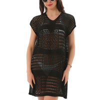 Robe mini sexy en maille crochetée ajourée, transparente, pour la plage, avec manches mi-longues, 100% polyester respirant, taille unique