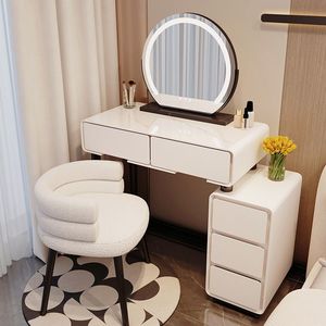 <span class=keywords><strong>Coiffeuse</strong></span> de chambre moderne et simple pour petits espaces avec miroir rond en verre, tiroirs intégrés et tabouret de maquillage - Product Image 1