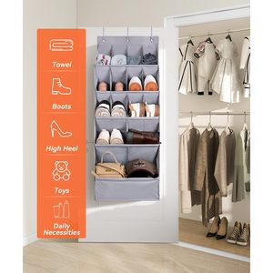 Over The Door Shoe Organizer 15 Pockets Grey Hanging Storage Rack For Closet Shoes With Large Pocket L Shape Design - Product Image 2