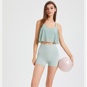 Women Sheer Mesh Ruffle Yoga Cover Up <b>Top</b> Cross Back Thin Strap V Neck Loose <b>Flowy</b> Sleeveless Cami for Pilates Daily Training - Product Image 3