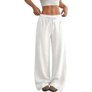 Pantalones Anchos Casuales de Lino para Mujer, Cintura Alta, con Cordón Ajustable, Estilo Palazzo, Color Blanco Nieve - Product Image 1