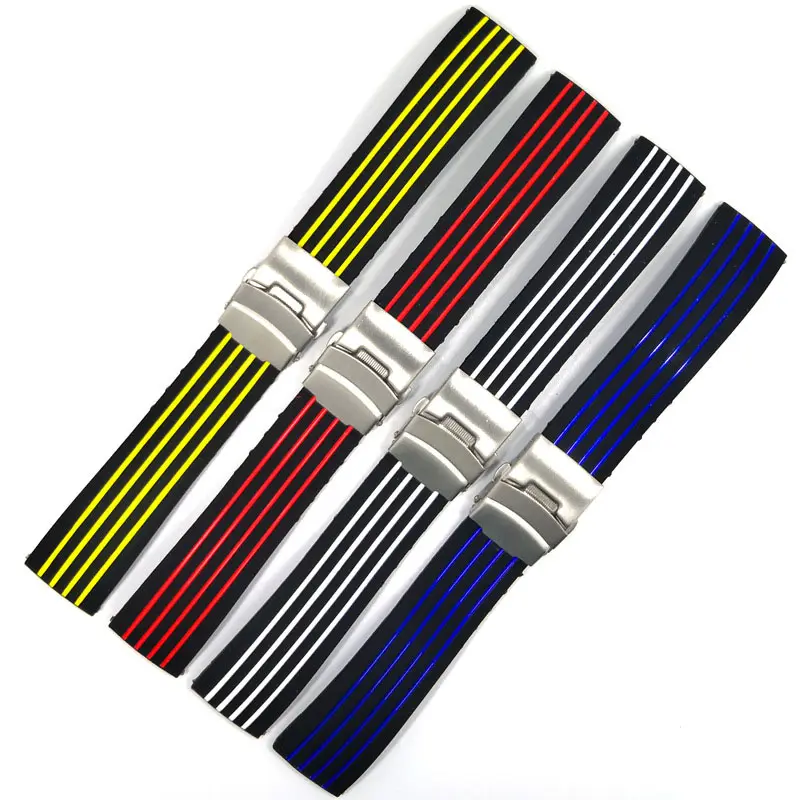 New 2 Striped Color Adjustable Silicone Strap Butterfly Clasp 18mm 20mm 22mm 24mm Rubber Watch Bands