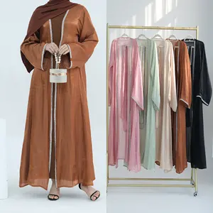 2024 ropa islámica personalizada Dubai lujo EID modesto Abayas con Kimono de diamantes de imitación para mujeres musulmanas vestido brillante abierto Abaya