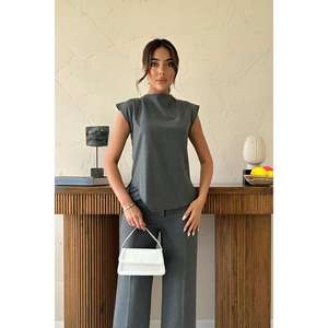 Conjunto de Camisa Gris sin Mangas con Botones y Pantalones de Traje para Mujer, Ropa Formal de Oficina, Atuendo de Negocios, Pantalones de Pierna Ancha - Product Image 2