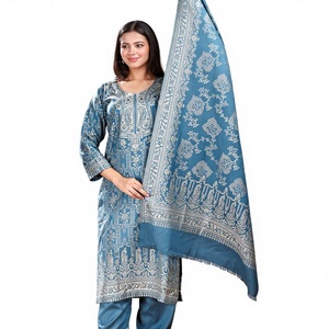 Salwar Kameez de lana azul para mujer con estampado a mano, corte holgado, largo hasta el tobillo, ropa informal tradicional india y pakistaní - Product Image 1