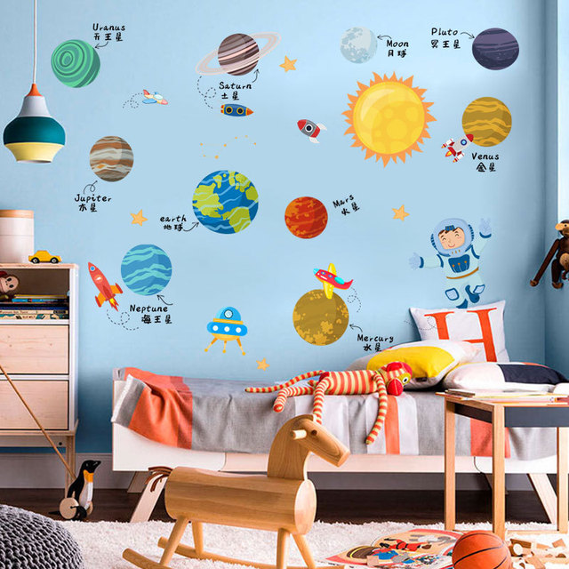 Cosmic galaxy Cartoon Stickers Wall Stickers Earth Sun Planet Children Bedroom Kindergarten PVC Wallpaper