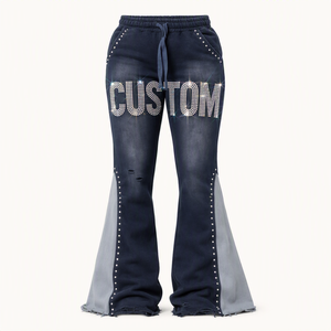 Pantalon évasé personnalisé avec strass pour homme, taille élastique avec cordon de serrage, style déchiré, décontracté, pour l'automne - Product Image 1
