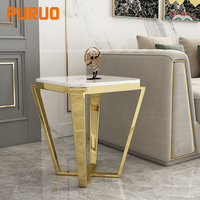 Table d'appoint moderne PURUO en métal miroir avec plateau en marbre, table de chevet de chambre à coucher, petite table pliante en verre doré