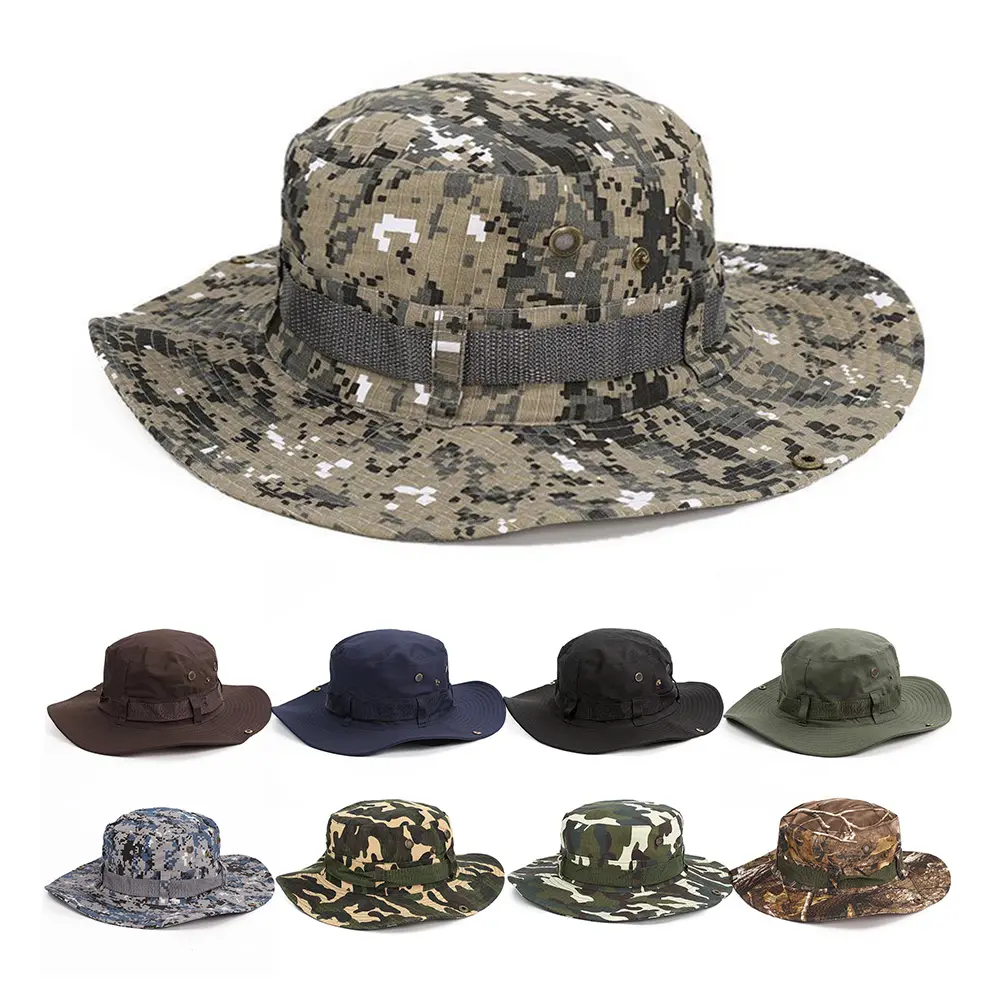 Outdoor Boonie Camo Safari Fishing Hiking Bucket Hats Custom Fishering Cap Wide Brim Fisherman Bucket Hat with String