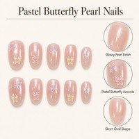 Faux ongles à presser T1884 Kaixin Factory, finition nacrée brillante, courts, ovales, avec accents papillon pastel, pour nail art français - Fournisseurs