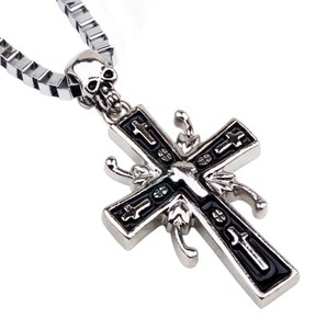 Collier pour homme en métal dur de style rock, nouveau design, collier en émail noir avec croix et crâne, vente en gros - Product Image 6