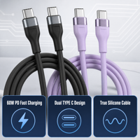 Câble de charge en silicone double Type-C 60W avec gaine en nylon, charge rapide 3A pour iOS et téléphones (1-2M)