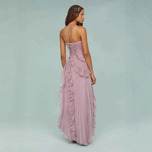 Robe en mousseline haut <span class=keywords><strong>de</strong></span> gamme exclusive transfrontalière pour femme, design plissé à volants, jupe midi amincissante, col licou, coupe crayon - Product Image 3