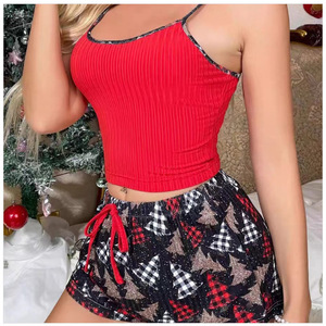 Vêtements de détente côtelés femmes ensembles personnalisés Halloween citrouille imprimé sans manches haut à bretelles Shorts maison vêtements femmes pyjamas ensemble - Product Image 3
