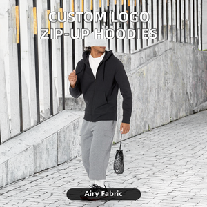 Sweat-shirt à capuche de sport décontracté à manches longues avec fermeture éclair, couleur unie, logo personnalisé de haute qualité, imprimé, 100% coton, automne - Product Image 2