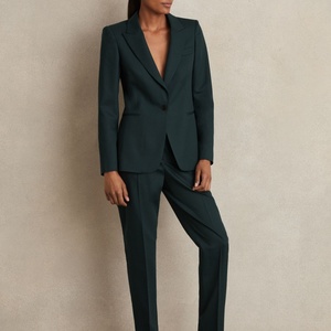 Blazer en laine mélangée verte personnalisé pour femmes, fermeture à un bouton, motif solide, bouton décoratif tissé - Product Image 6