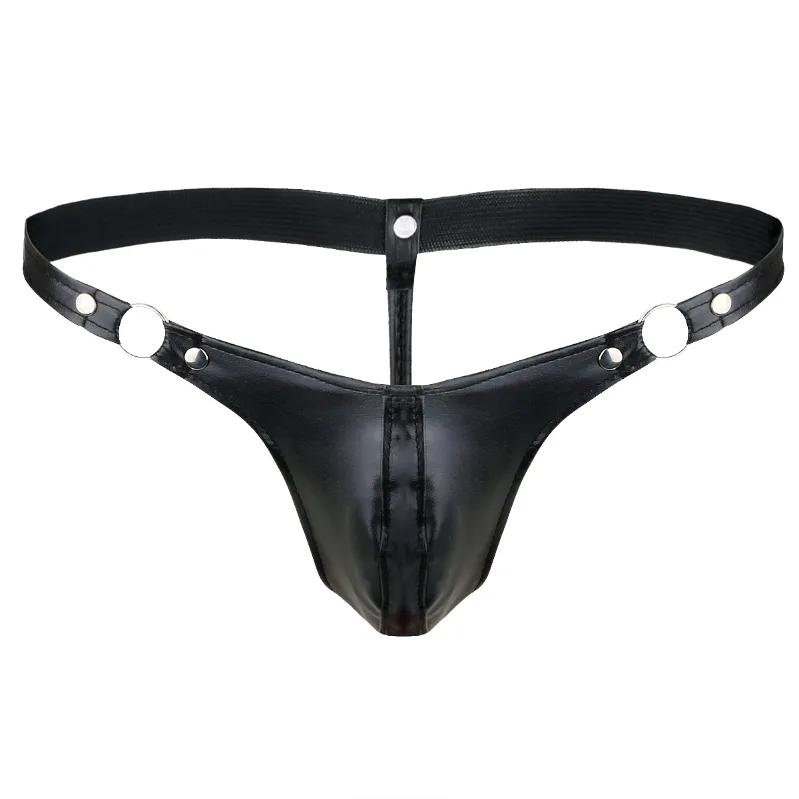 Harga Rendah Bikini Kulit Hitam G-String Paku Keling Lingerie Thong dengan Kantong Besar Pria