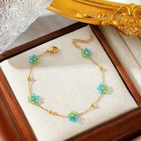 Bracelet en perles de verre fleuries faites à la main avec chaîne en acier inoxydable, bijoux pour femmes tendance, vente en gros
