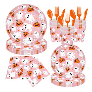 Halloween <b>Disposable</b> Tableware Set Pink Ghost Pumpkin <b>Plates</b> Cups Napkins Party Supplies Kit - Product Image 1