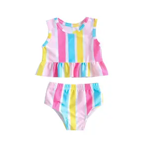 Maillot de bain pour bébé de 18 mois à 6 ans Maillot de bain pour enfant Ensemble deux pièces imprimé à rayures colorées Maillot de bain pour fille de plage de source chaude