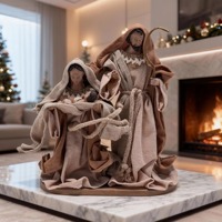 Crèche de Noël Sainte Famille en résine, figurine décorative avec robes en tissu, décoration religieuse d'intérieur pour table, cadeau de Noël pour la maison