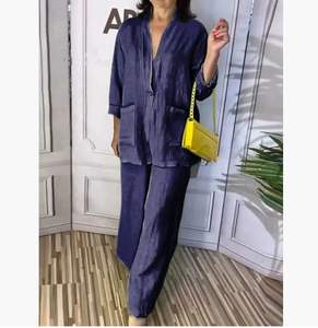 2025 nouveau Style européen et américain femmes couleur Pure <span class=keywords><strong>grande</strong></span> <span class=keywords><strong>taille</strong></span> décontracté coton et <span class=keywords><strong>lin</strong></span> col en v costume et pantalon deux pièces <span class=keywords><strong>ensemble</strong></span> - Product Image 5