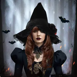 ハロウィーンの魔女の帽子ウィザード女性コスチュームコスプレパーティーアクセサリーローズデコレーションシルクストリーマーベール魔女の帽子