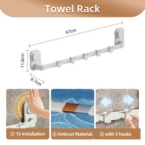 Toallero de ventosa sin taladro Rieles de secado de almacenamiento extraíbles con soporte de gancho Barra de suspensión para estantes de pared de baño - Product Image 2