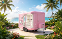 Maison mobile sur roues, design moderne, structure en acier, style rose, caravane préfabriquée, mur en verre, maison portable pour la plage