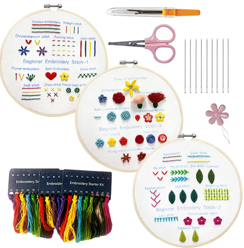 3 Sets Embroidery Kits for Beginners, Hand DIY Cross Stitch Kits with Plants Flowers Embroidery Patterns