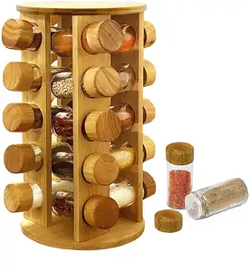 Wholesale Kitchen Bamboo Wooden Rotating Revolving Spice Organizer Jar Rack Set with 20 Spice Jars